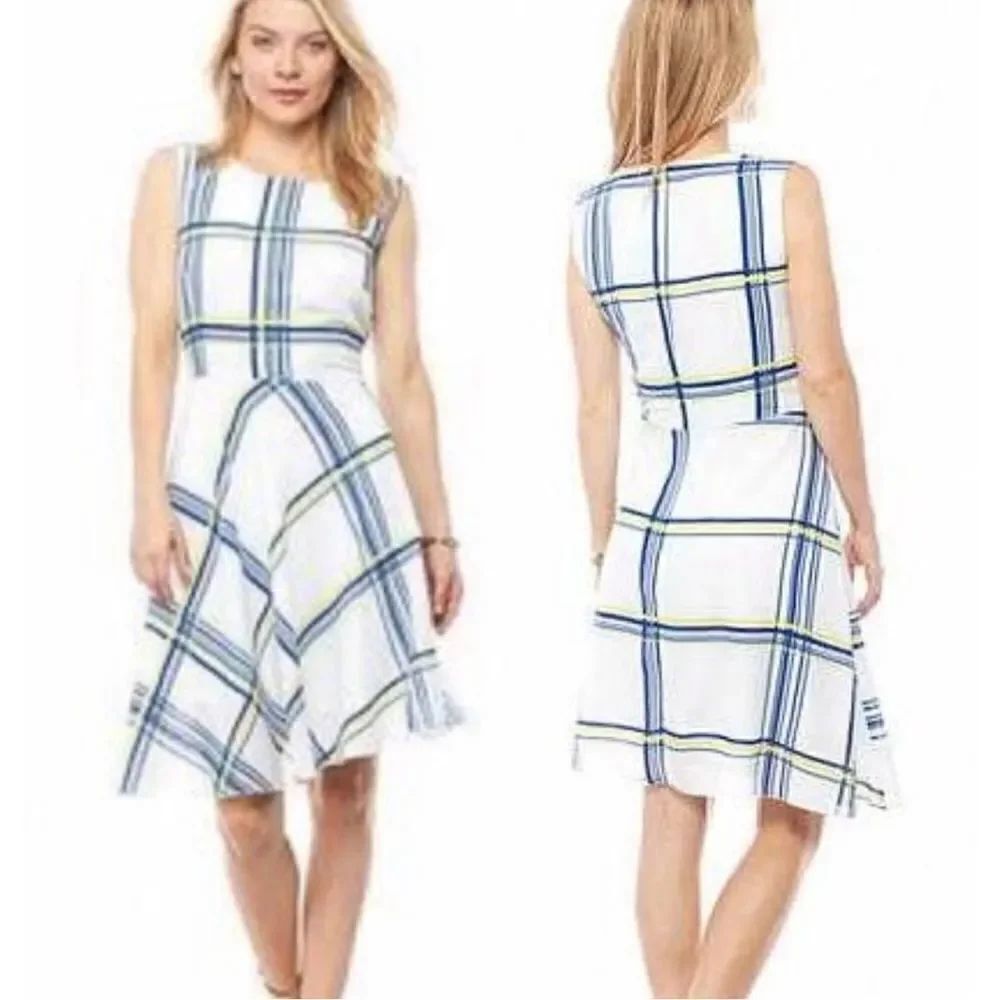 NWT Womens ABS Allen Schwartz Windowpane Plaid Sleeveless A Line Dress - Sz S